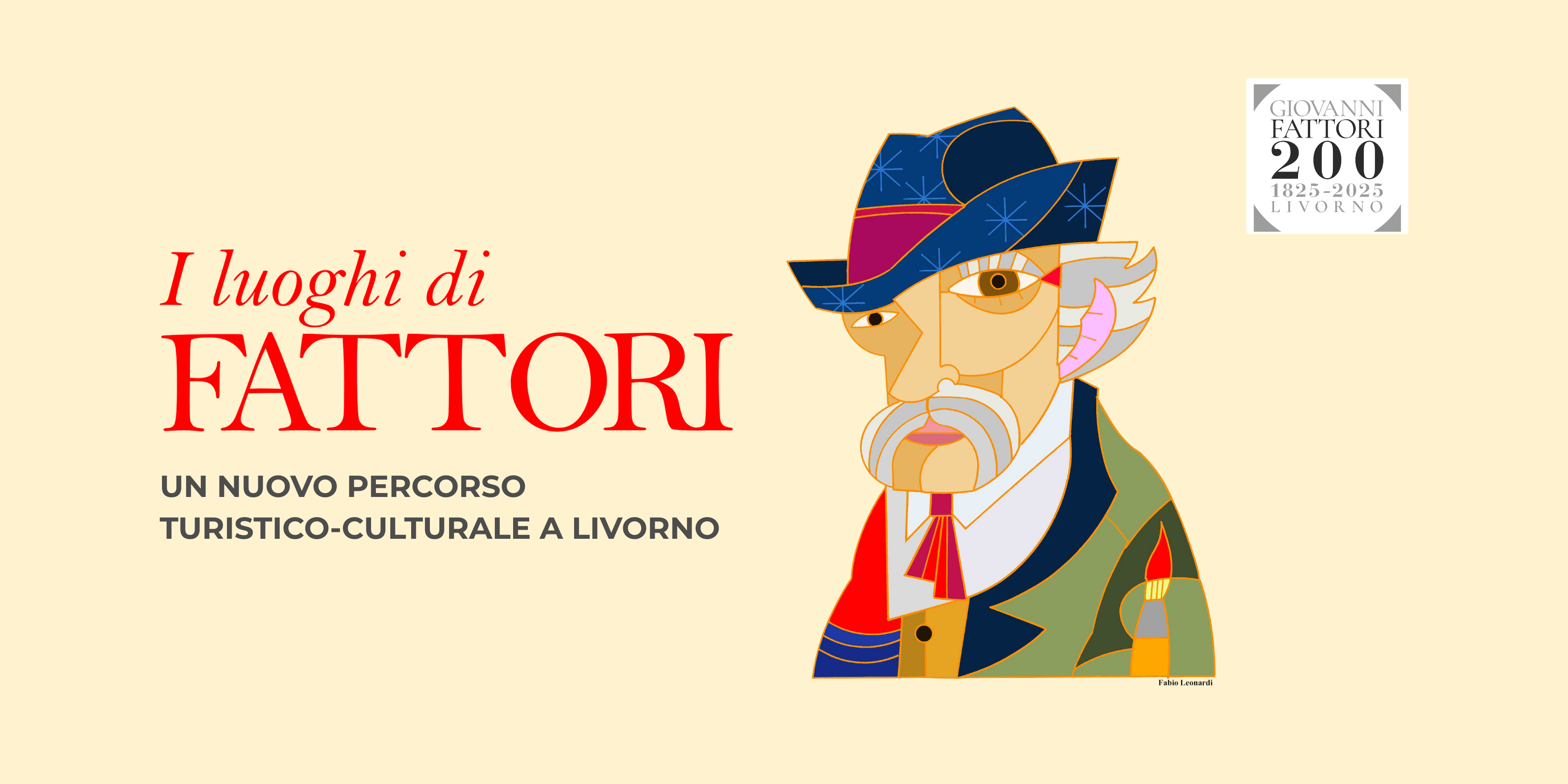 banner progetto dei luoghi di Fattori a Livorno. Il ritratto di Fattori nella grafica è stato realizzato da Fabio Leonardi