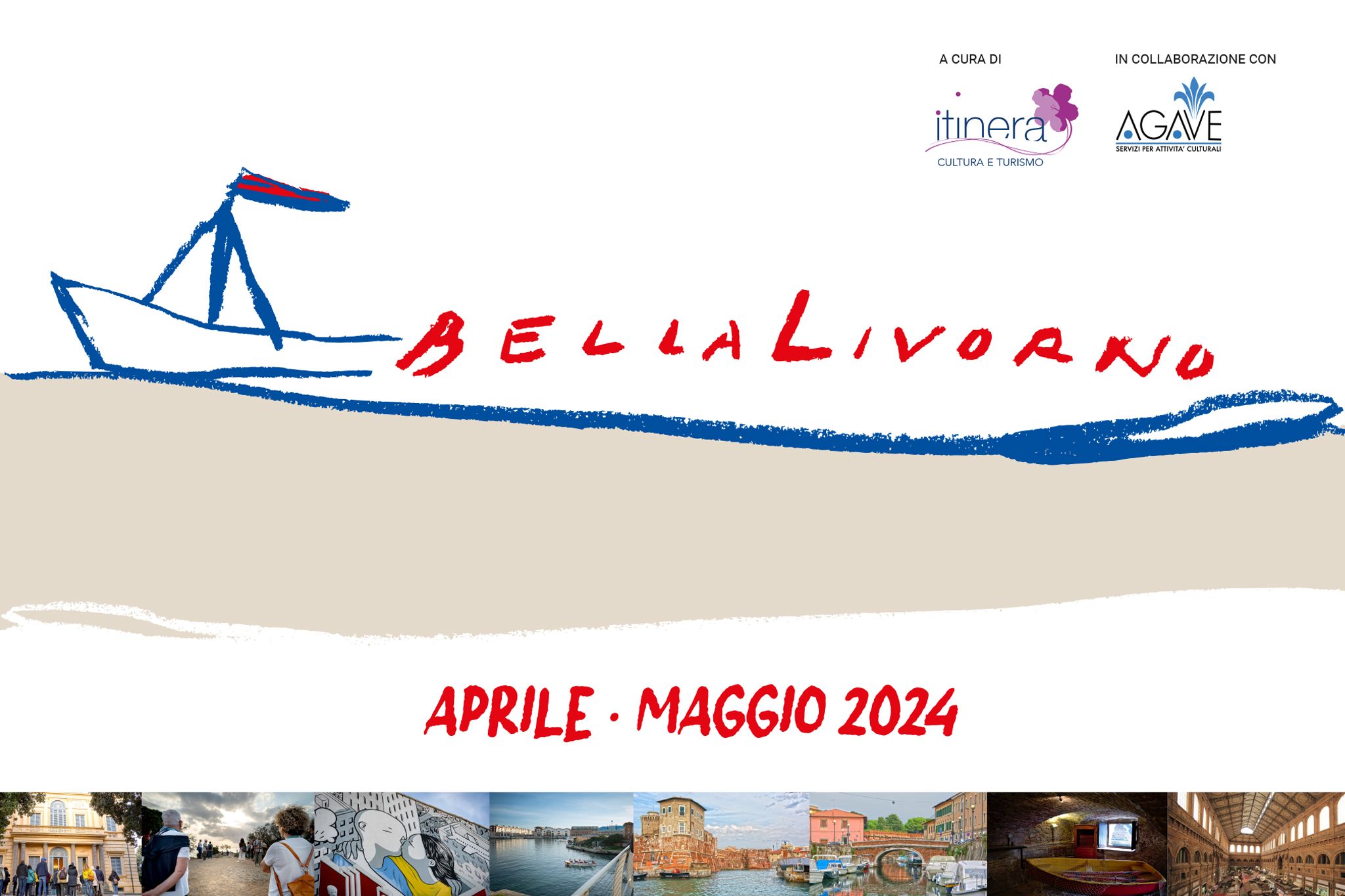 il banner dei tour di Bella Livorno dove si vedono immagini dei luoghi che verranno visitati ed il logo dell'iniziativa
