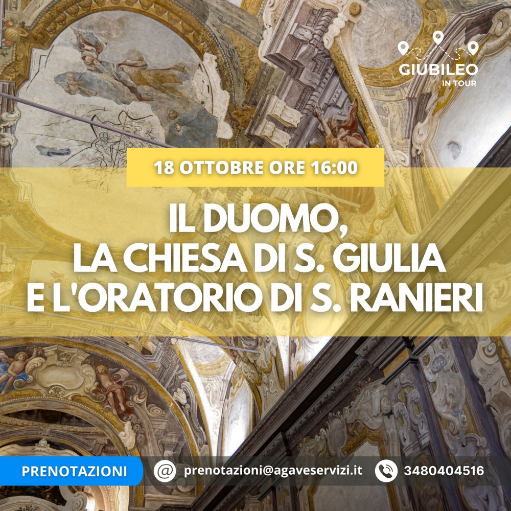 Locandina del prossimo tour di Giubileo in Tour a Livorno. Nell'immagine si vedono tutte le informazioni utili per la prenotazione e l'interno dell'oratorio di San Ranieri a Livorno.