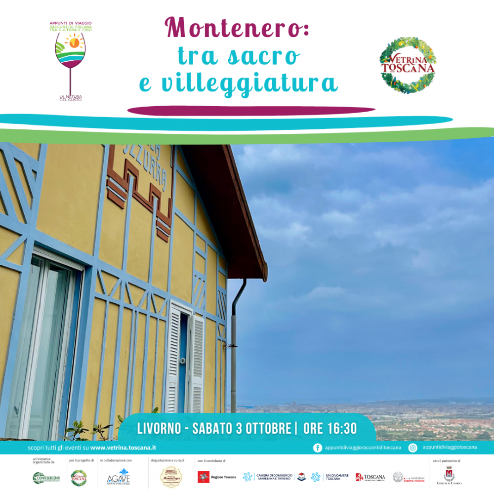 locandina dell'evento "Montenero tra sacro e profano" dedicato alla scoperta del quartiere livornese