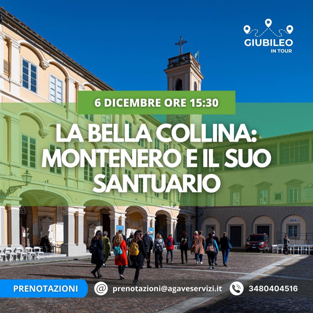 Grafica per il tour del 6 dicembre 2025 ore 15:30, dove si vede sullo sfondo il santuario di Montenero a Livorno